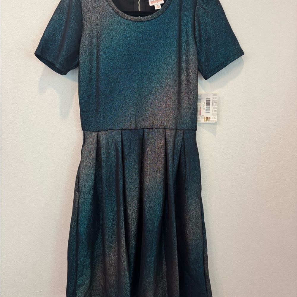 Brand New LuLaRoe Size M Black with Teal, Gold, Silver Shimmer Amelia Dress